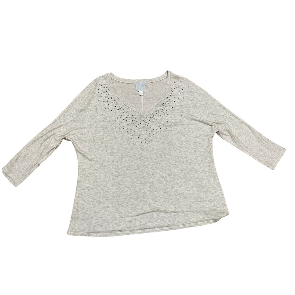 Sunday Womens Heather Gray Rhinestone V-Neck‎ 3/4 Sleeve Knit Top Large RN123701